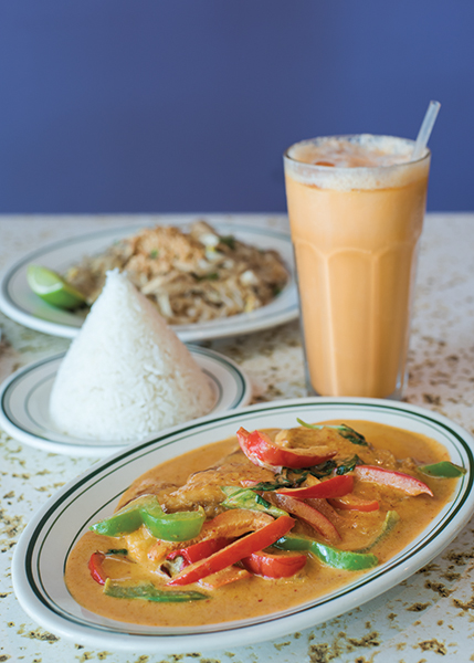 A photograph of Snapper Choo Chee #45 with Thai Tea and Jasmine Rice at Thai Orchid Restaurant in the Regent Village, Providenciales (Provo), Turks and Caicos Islands.